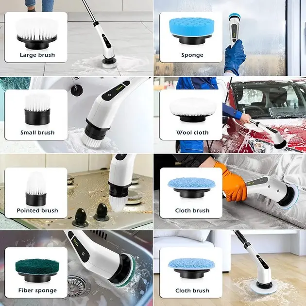 Електрична щітка для прибирання Cleaning Brush, набір 9 в 1, біла, товари для дому - Зображення 6