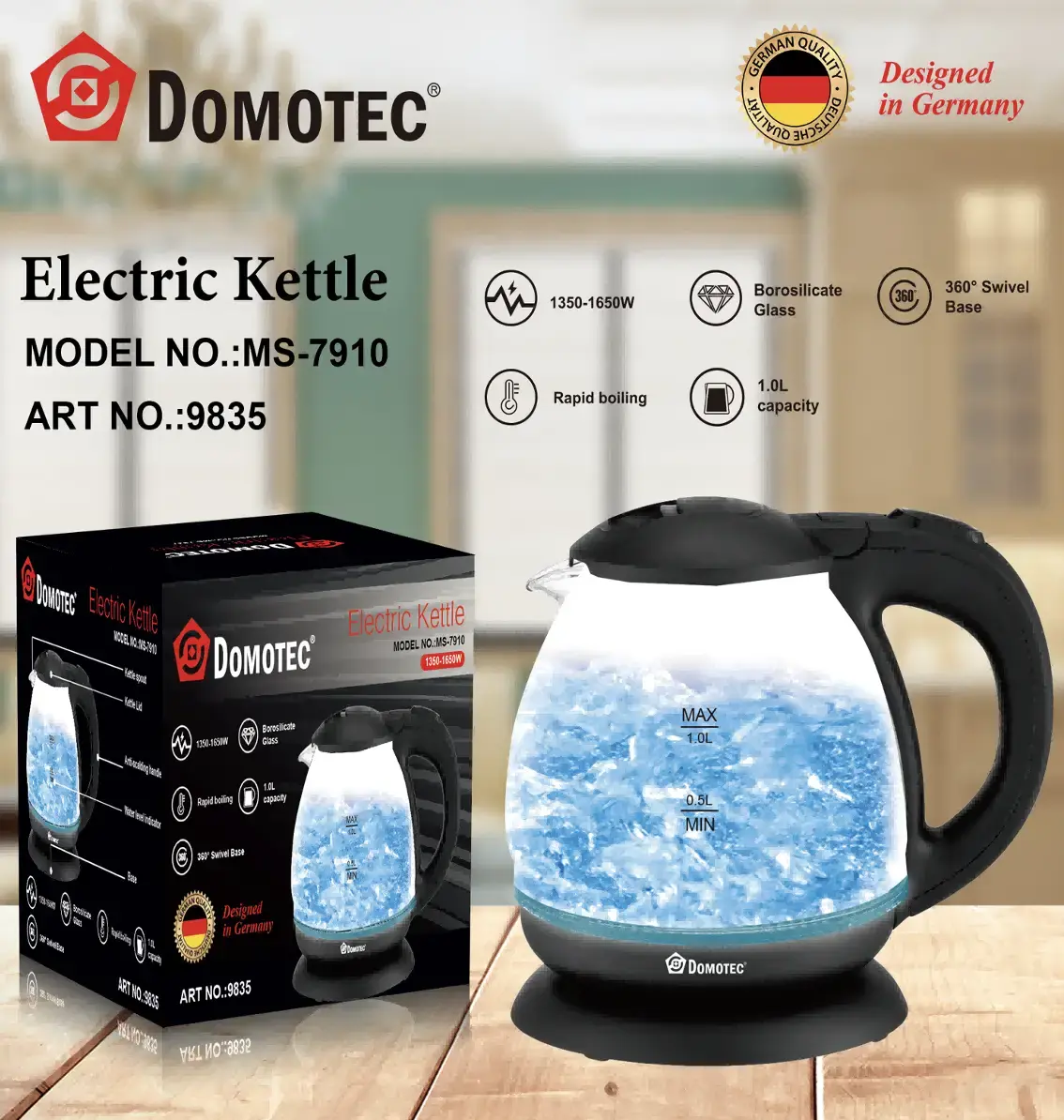 Електричний скляний чайник 1л Domotec MS 7910 - Зображення 2