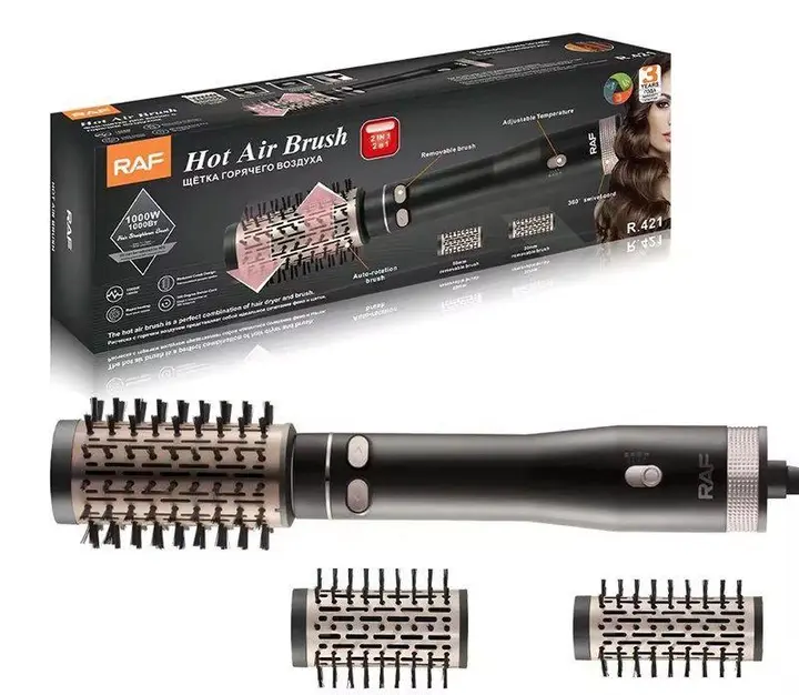 Фен браш стайлер з насадкою, що обертається RAF R.421 електричний гребінець Чорний 1000 Вт - Зображення 2