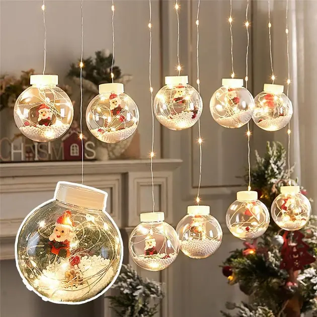 Гірлянда завіса штора Кулі з наповненням Дід Мороз, 3м, 10 куль LED USB - Зображення 4