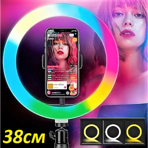 Кільцева LED лампа RGB MJ38 38см 220V 1 крепл.тел USB + пульт - Зображення 2