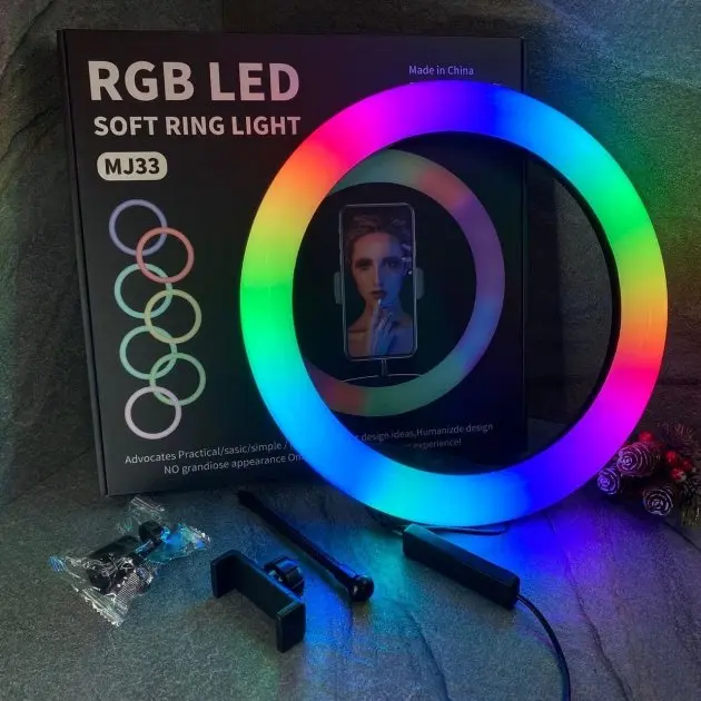 Кільцева світлодіодна лампа RGB LED RING MJ33/ 33 см із кріпленням для телефону - Зображення 3