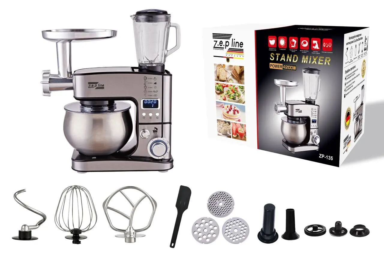 Чорний Кухонний комбайн Zepline 4200 Вт 7в1 на 6 літрів ZP-135 з дисплеєм