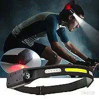 Легкий налобний ліхтар LED+COB з датчиком руху та червоним світлом (чорний) - Зображення 6