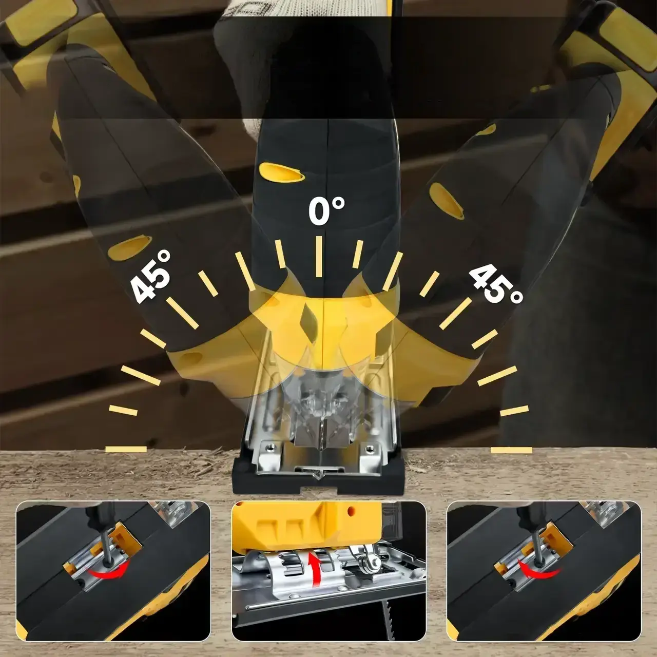 Лобзик з 2 акумуляторами 20V з LED підсвічуванням та нахилом 0-45° у пластиковому кейсі Жовтий - Зображення 8