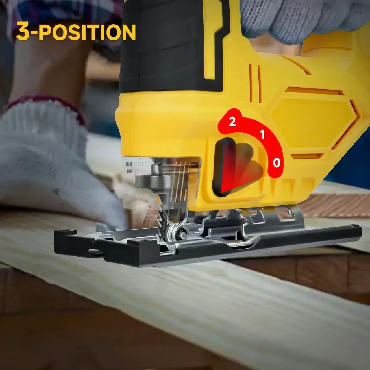 Лобзик з 2 акумуляторами 20V з LED підсвічуванням та нахилом 0-45° у пластиковому кейсі Жовтий - Зображення 7