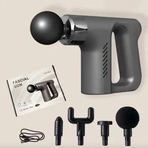 Масажер пістолет Fascial Gun KH-740 Чорний з насадками м'язовий портативний ручний для спини та тіла - Зображення 3