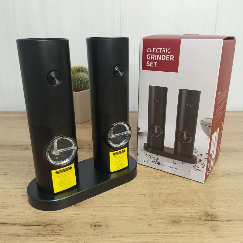 Млин для спецій, перцю та солі, електромлин на акум-ре з підсвічуванням 2 шт з підставкою Grinder Set BLACK - Зображення 6