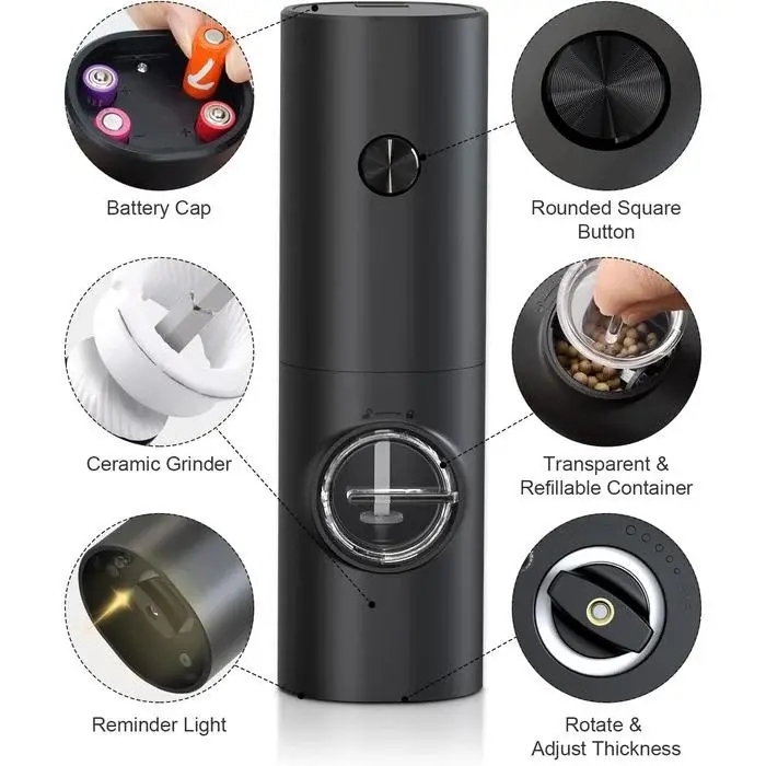 Млин для спецій, перцю та солі, електромлин на акум-ре з підсвічуванням 2 шт з підставкою Grinder Set BLACK - Зображення 3