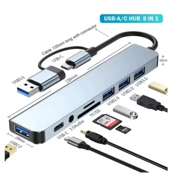 Мультифункціональний USB-хаб 8 в 1, універсальний адаптер, концентратор із входом Type-C, кардрідер, HDTV+PD+USB 3.0+SD+TF+Type-C - Зображення 2