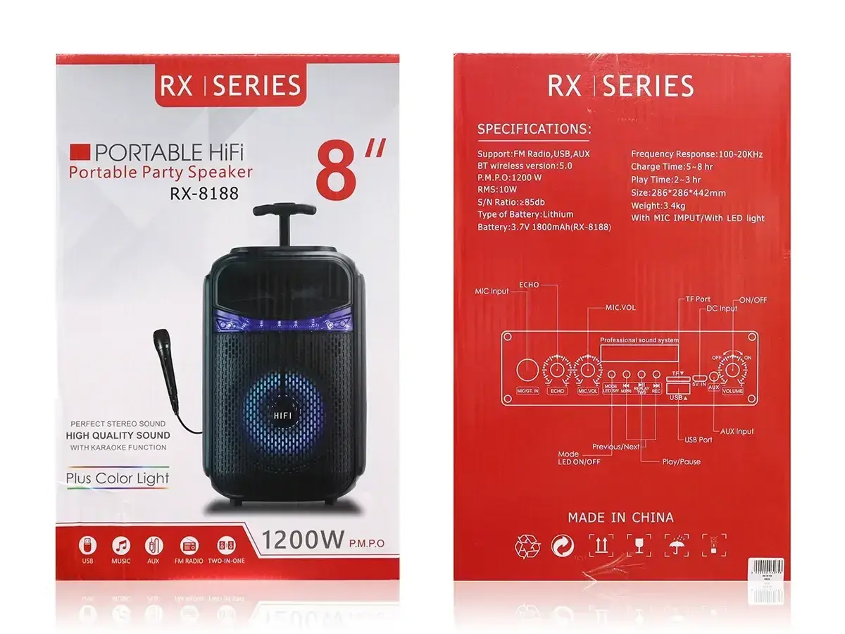 Музична колонка-радіо колонка з підсвідченням BLUETOOTH RX-8188 1200 ВТ із мікрофоном - Зображення 4