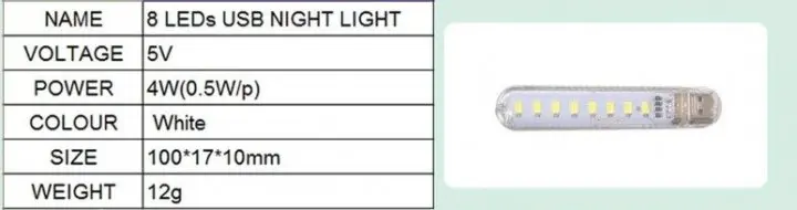 Міні ліхтарик на 8 світлодіодів, USB лампа, LED світильник (холодне біле світло) - Зображення 6