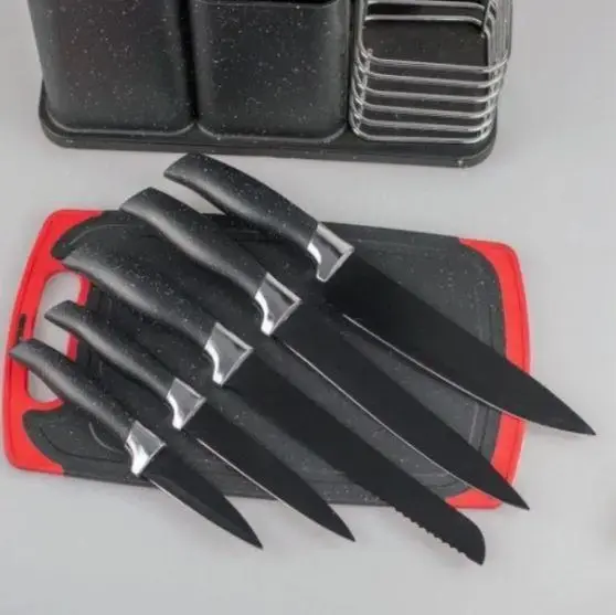 Набір кухонних ножів та приладдя ZP-045 на підставці з дошкою (14 предметів) чорний - Зображення 6