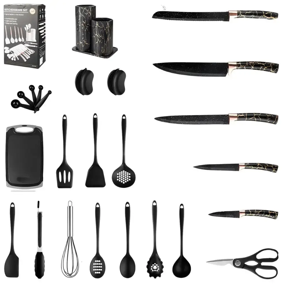 Набір кухонного приладдя 25 предметів з подвійною підставкою обробною дошкою набором ножів прихватками - Зображення 4