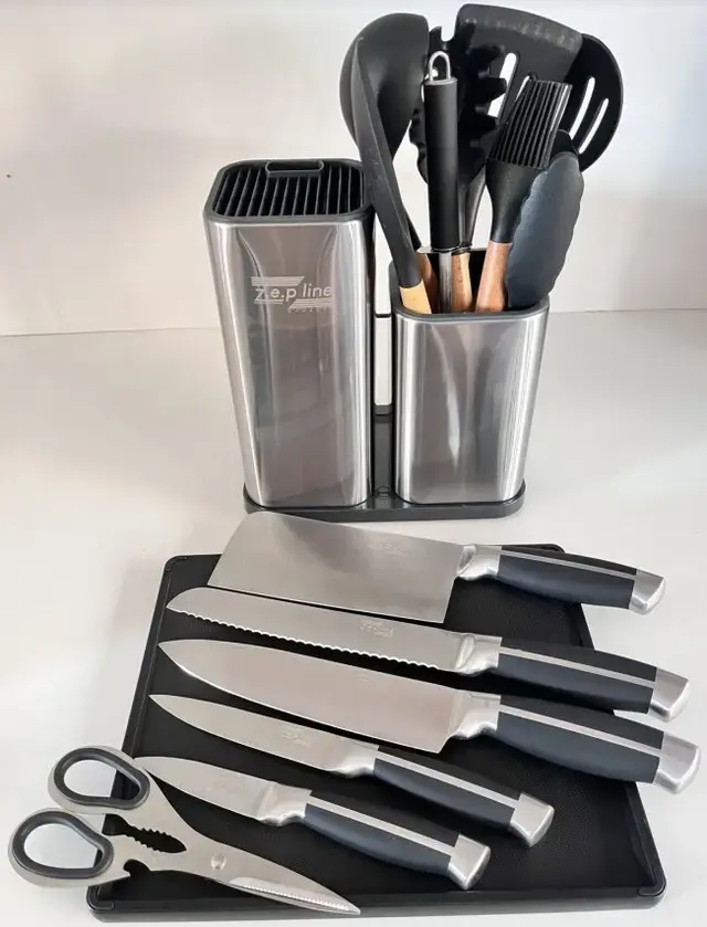 Набір ножів та кухонне начиння лопатки для кухні 17 в 1 дошка для нарізки на потрійній підставці, ножиці з напилком для заточування Zepline ZP-046 - Зображення 5