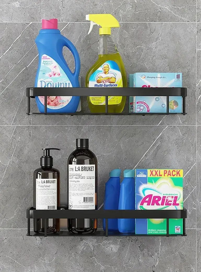 Настінна дворівнева полиця металева, що самоклеїться для ванної кімнати, душової. - Зображення 3