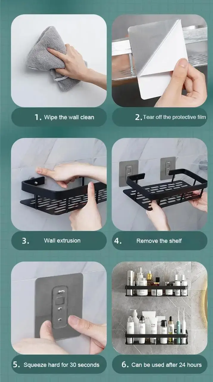 Настінна дворівнева полиця металева, що самоклеїться для ванної кімнати, душової. - Зображення 4