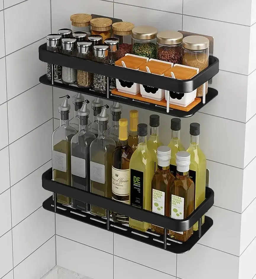 Настінна дворівнева полиця металева, що самоклеїться для ванної кімнати, душової. - Зображення 2