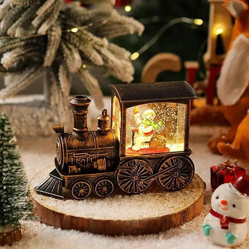 Нічник "Різдвяний поїзд" (13×8.5 см) Новорічний паровоз зі сніговиком (світильник) / Декоративний сніговий світильник HC-D013 - Зображення 3