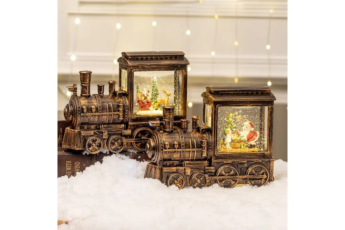 Нічник "Різдвяний поїзд" (13×8.5 см) Новорічний паровоз зі сніговиком (світильник) / Декоративний сніговий світильник HC-D013 - Зображення 4