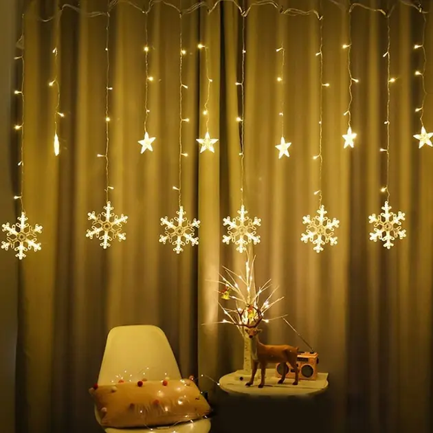 Новорічна світлодіодна гірлянда шторка "Сніжинки та Зірки"