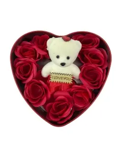 Подарунковий набір з ведмедика і 11 троянд з мила в коробці у формі серця - Зображення 8