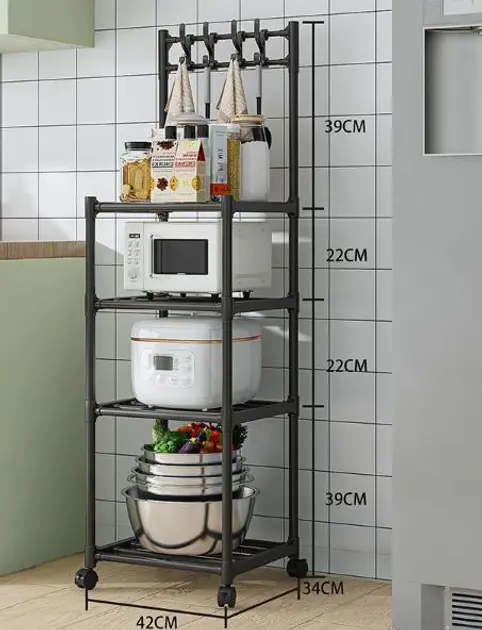 Полиця стелаж на коліщатках пересувна 4 рівні на коліщатках для зберігання кухонного приладдя побутової техніки посуду - Зображення 5