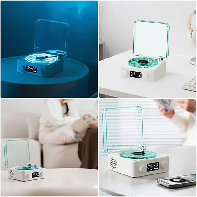 Портативна бездротова колонка Bluetooth у вигляді вінілового програвача грамофона з годинником та нічником - Зображення 3