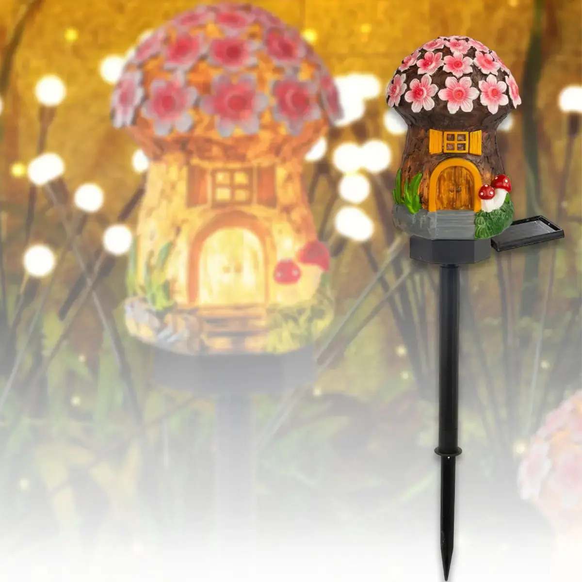 Садовий ліхтар 43 см у ґрунті у вигляді гриба із сонячною панеллю Казковий будиночок - Зображення 3