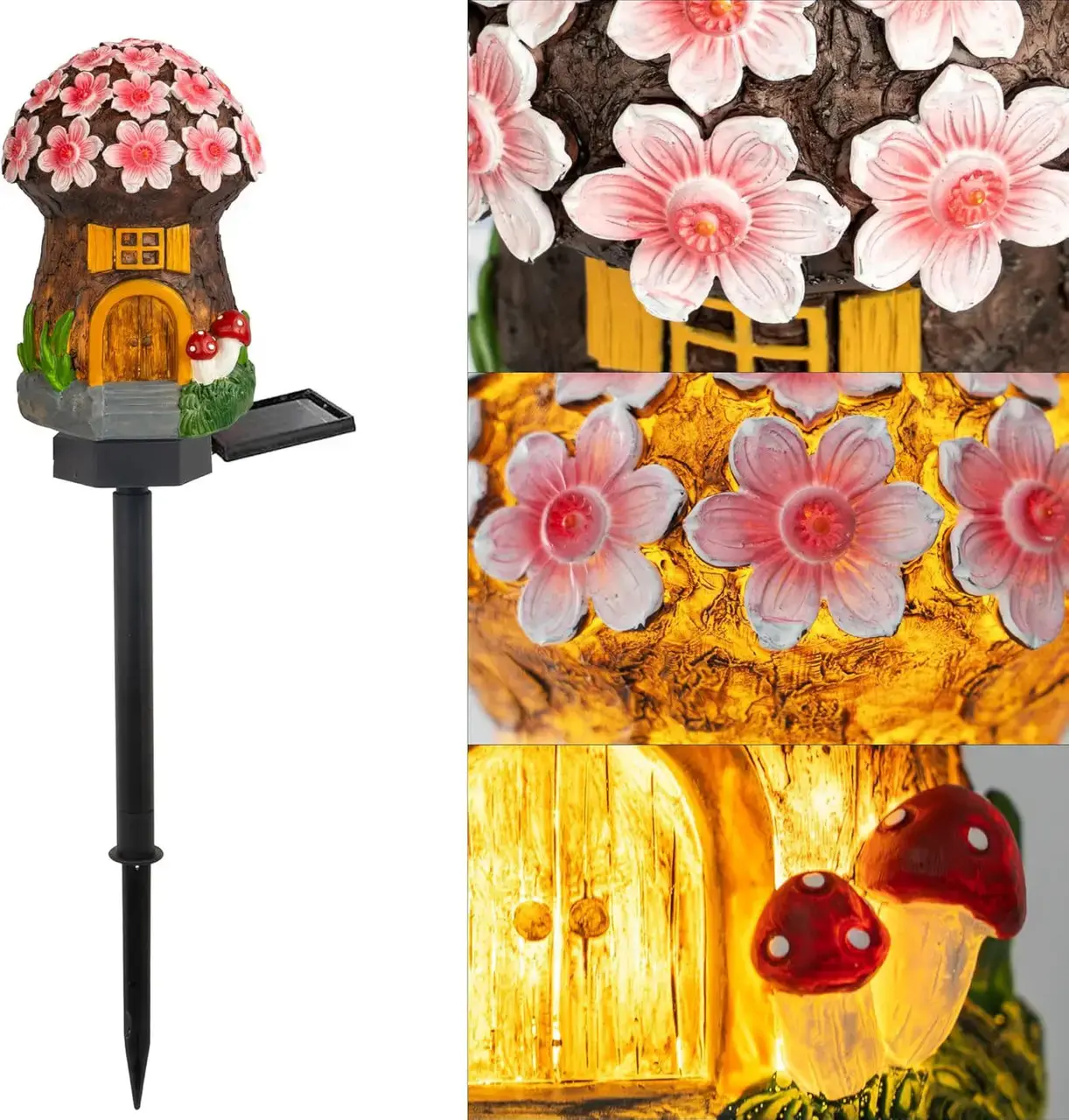 Садовий ліхтар 43 см у ґрунті у вигляді гриба із сонячною панеллю Казковий будиночок - Зображення 6