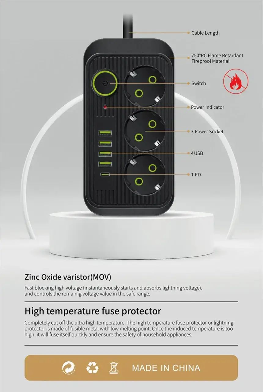 Мережевий фільтр живлення UA Power Socket F09U 3 розетки +4USB +Type-C Port 2m, мережевий подовжувач розеток - Зображення 6