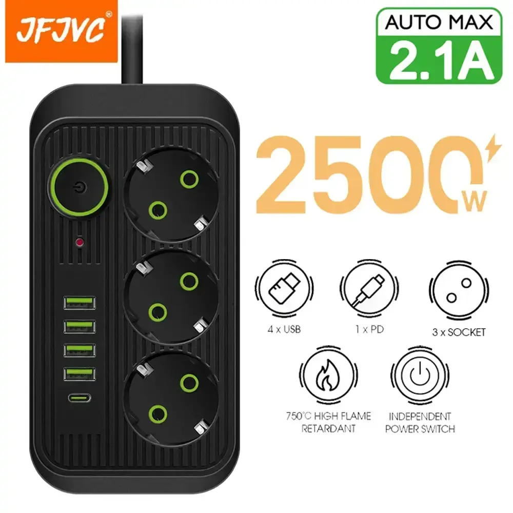 Мережевий фільтр живлення UA Power Socket F09U 3 розетки +4USB +Type-C Port 2m, мережевий подовжувач розеток - Зображення 2