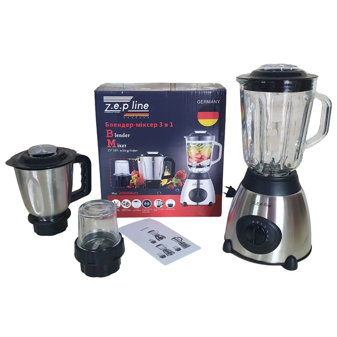 Стаціонарний блендер Zepline 2000W (скляна чаша 1.5л., чаша подрібнювальна для м'яса 1,2л.) ZP-081D1 - Зображення 2