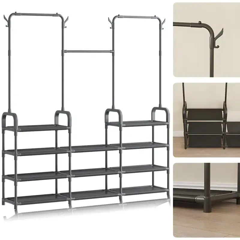 Стійка-вішалка для одягу та взуття Model1BLACK — 164×137×26см, 11полок, 4гачки, підлогова, нержавіюча сталь - Зображення 3