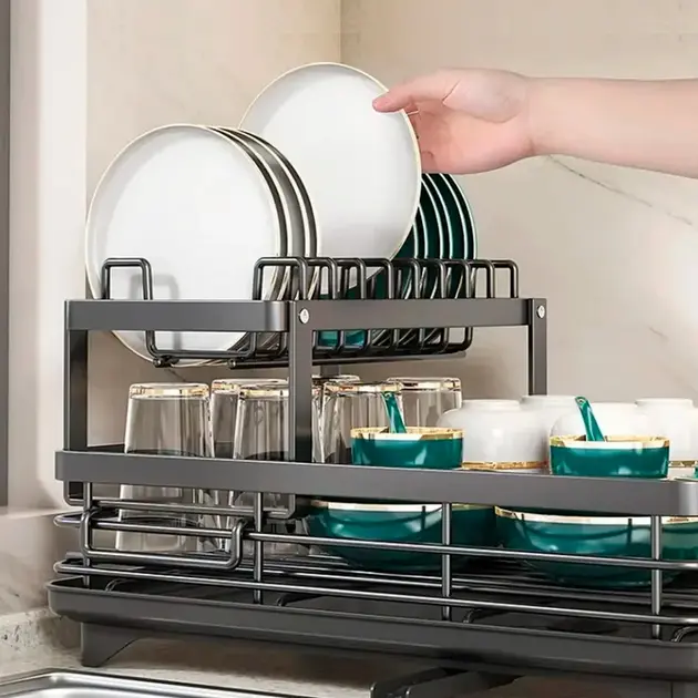 Сушарка для посуду BauTech дворівнева з тримачем для тарілок Чорний - Зображення 3