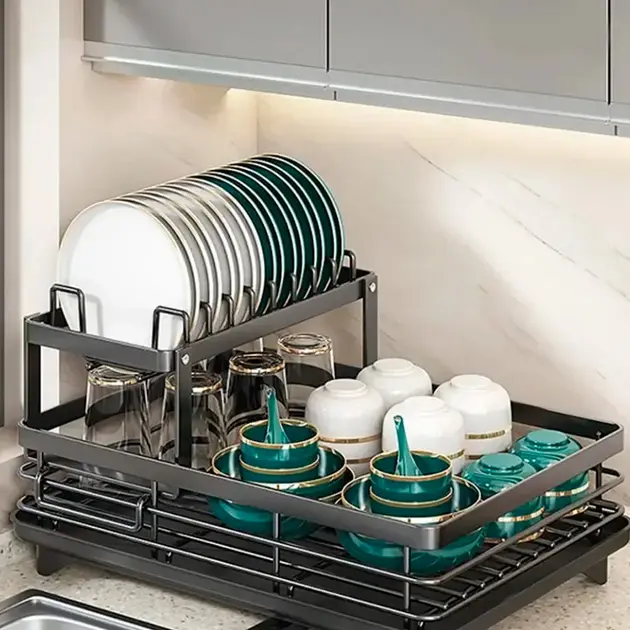 Сушарка для посуду BauTech дворівнева з тримачем для тарілок Чорний - Зображення 4