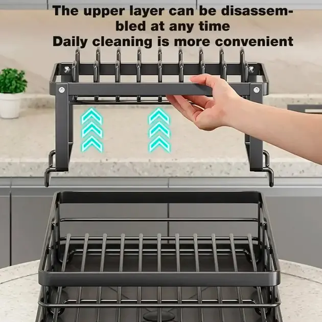 Сушарка для посуду BauTech дворівнева з тримачем для тарілок Чорний - Зображення 6