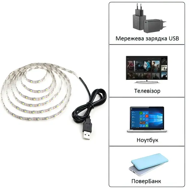 Світлодіодна LED SMD 3528 стрічка 5 вольт для повербанка USB світильник від Power Bank 5 м - Зображення 2